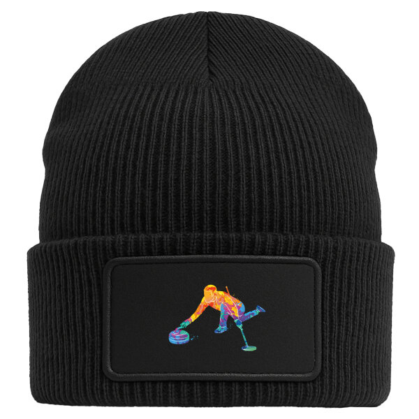 Beanie mit Patch Curling bunte Silhouette Black