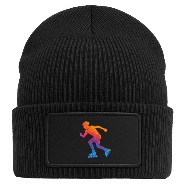 Beanie mit Patch Inline Skating bunte Silhouette Black