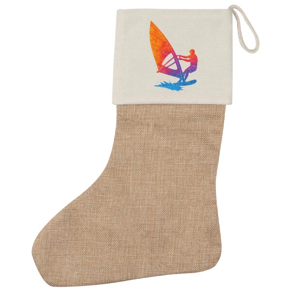 Weihnachtsstrumpf Windsurfen bunte Silhouette Beige Jute