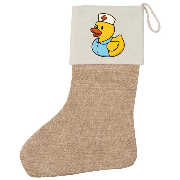 Weihnachtsstrumpf Quietscheente Altenpflege Comic Gummiente Beige Jute