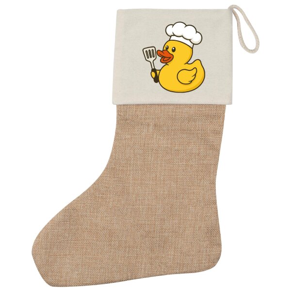 Weihnachtsstrumpf Quietscheente Küche Comic Gummiente Beige Jute