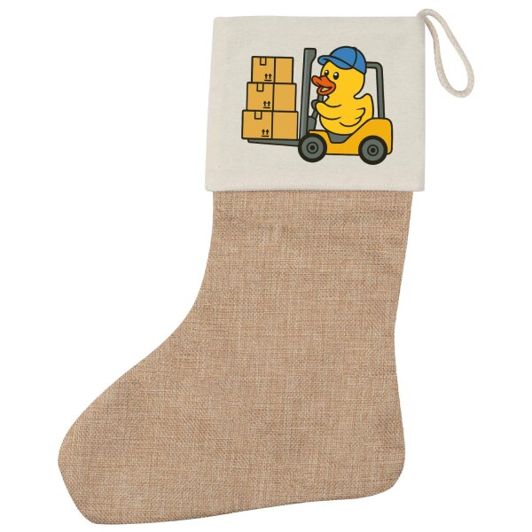 Weihnachtsstrumpf Quietscheente Lager Comic Gummiente Beige Jute