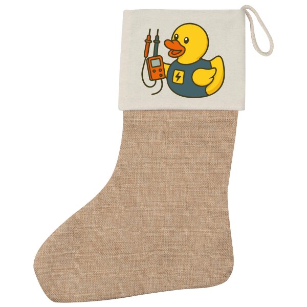 Weihnachtsstrumpf Quietscheente Elektronik Comic Gummiente Beige Jute
