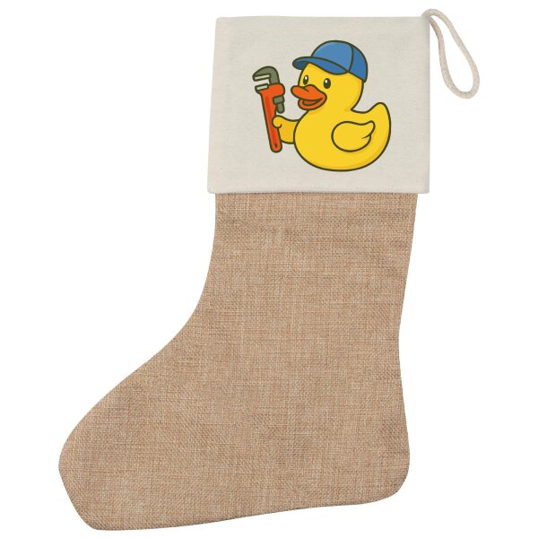 Weihnachtsstrumpf Quietscheente Installation Comic Gummiente Beige Jute