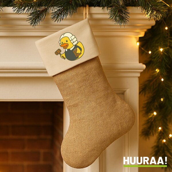 Weihnachtsstrumpf Quietscheente Jurist Comic Gummiente Beige Jute