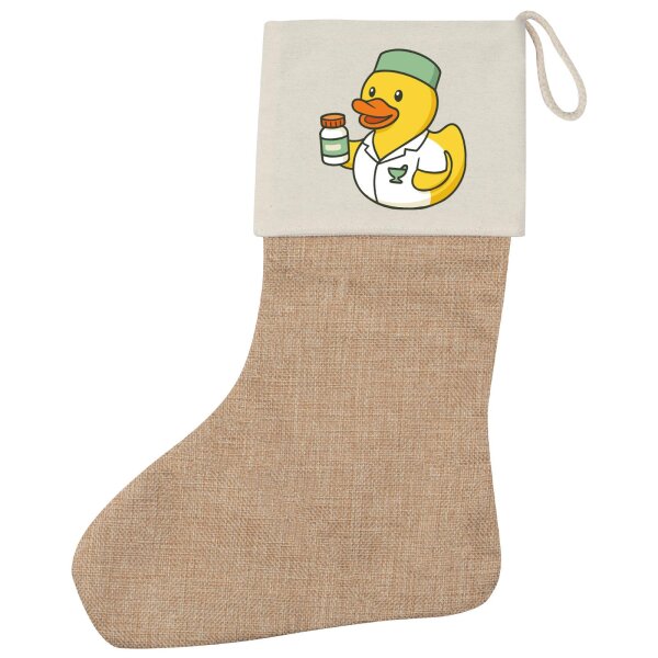 Weihnachtsstrumpf Quietscheente Pharmazie Comic Gummiente Beige Jute