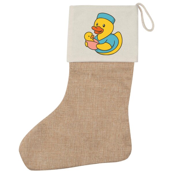 Weihnachtsstrumpf Quietscheente Hebamme Comic Gummiente Beige Jute