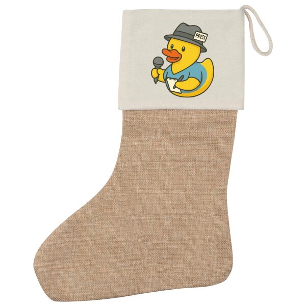 Weihnachtsstrumpf Quietscheente Journalismus Comic Gummiente Beige Jute