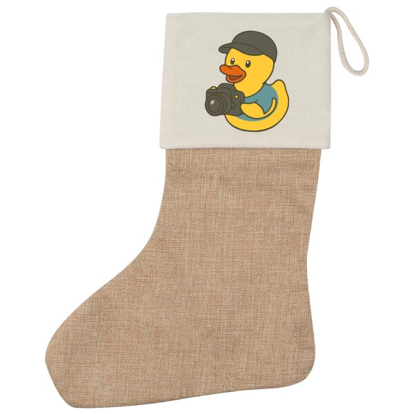 Weihnachtsstrumpf Quietscheente Fotografie Comic Gummiente Beige Jute