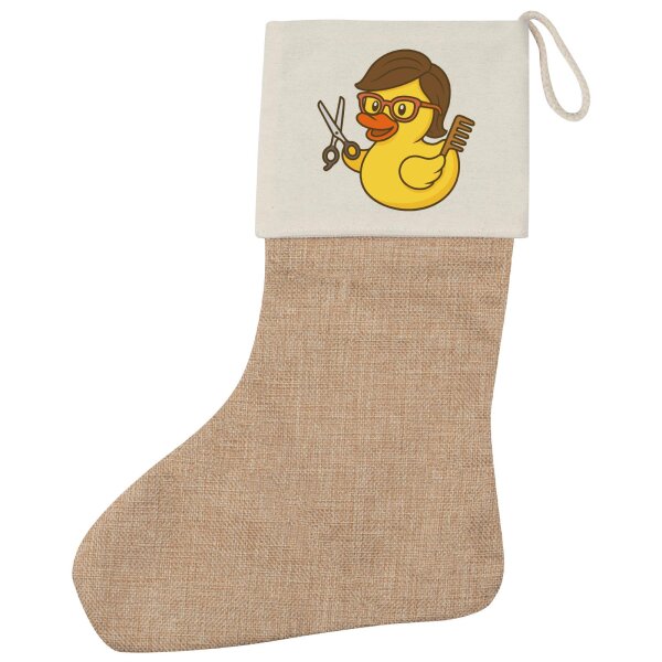 Weihnachtsstrumpf Quietscheente Friseurin Comic Gummiente Beige Jute