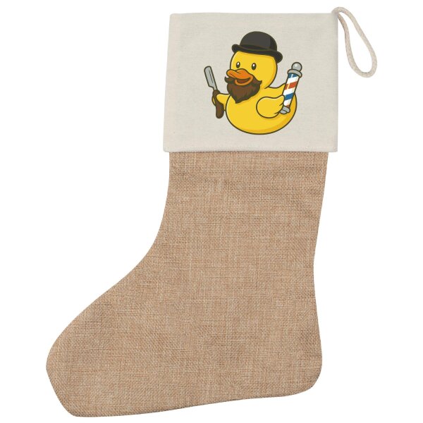 Weihnachtsstrumpf Quietscheente Barbershop Comic Gummiente Beige Jute