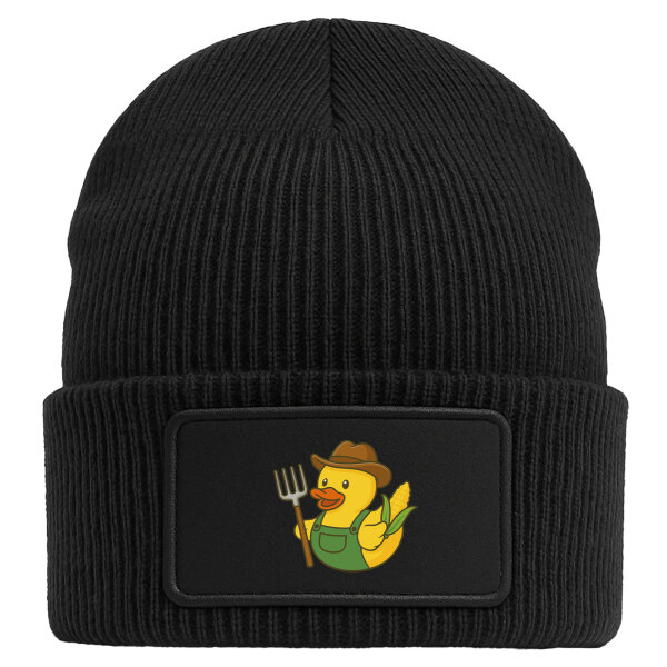 Beanie mit Patch Quietscheente Landwirtschaft Comic Gummiente Black