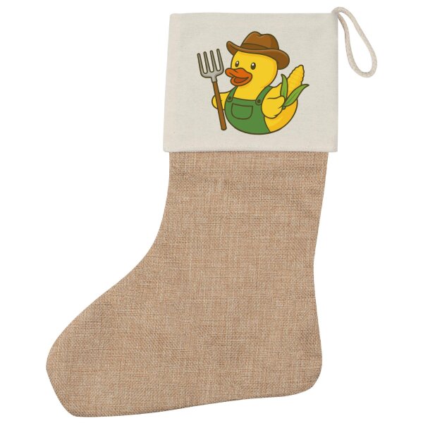Weihnachtsstrumpf Quietscheente Landwirtschaft Comic Gummiente Beige Jute