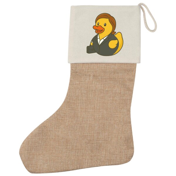 Weihnachtsstrumpf Quietscheente Chefin Comic Gummiente Beige Jute