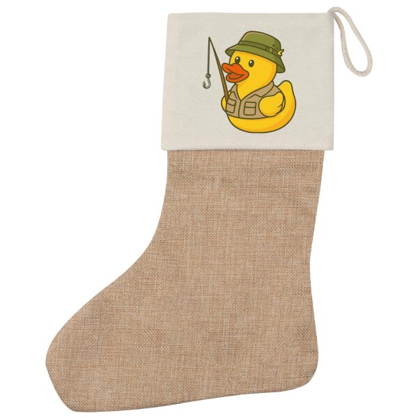 Weihnachtsstrumpf Quietscheente Angler Comic Gummiente Beige Jute