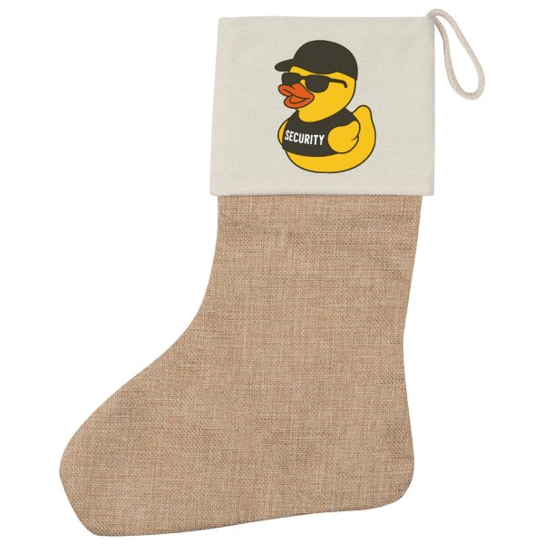 Weihnachtsstrumpf Quietscheente Security Comic Gummiente Beige Jute