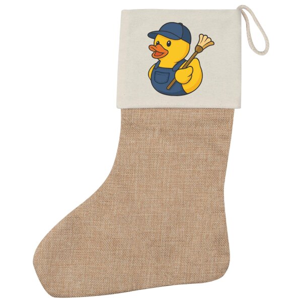 Weihnachtsstrumpf Quietscheente Hausmeister Comic Gummiente Beige Jute