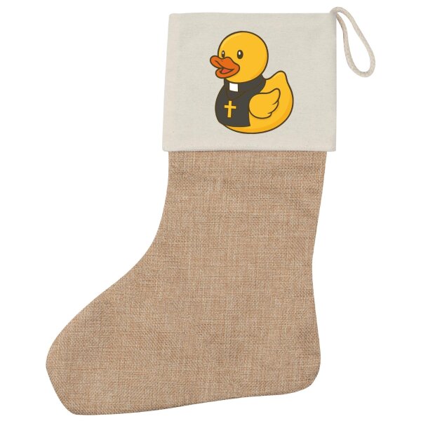 Weihnachtsstrumpf Quietscheente Pfarrer Comic Gummiente Beige Jute