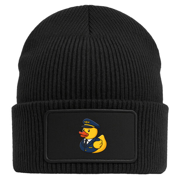 Beanie mit Patch Quietscheente Pilot Gummiente Flugkapitän Black