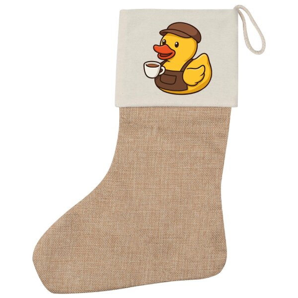 Weihnachtsstrumpf Quietscheente Barista Gummiente Barkeeper Beige Jute