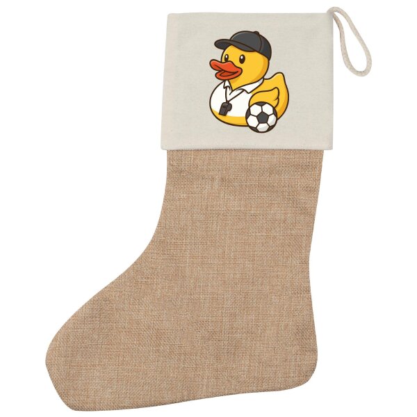 Weihnachtsstrumpf Quietscheente Fussball-Trainer Gummiente Coach Beige Jute