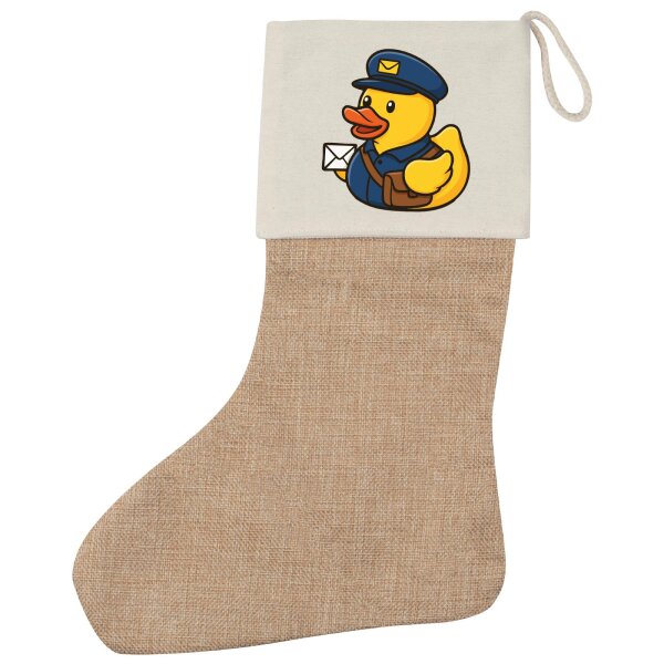 Weihnachtsstrumpf Quietscheente Postbote Gummiente Briefträger Beige Jute