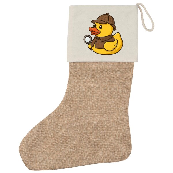 Weihnachtsstrumpf Quietscheente Detektiv Gummiente Ermittler Beige Jute