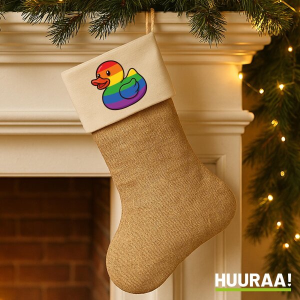 Weihnachtsstrumpf Quietscheente LGBTQ Pride Comic Gummiente Beige Jute