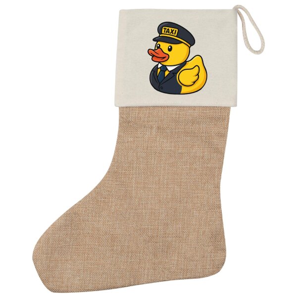 Weihnachtsstrumpf Quietscheente Taxi-Fahrer Gummiente Chauffeur Beige Jute