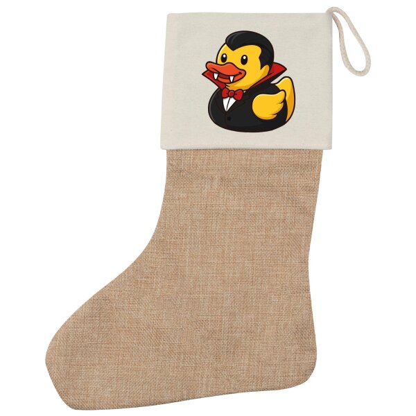 Weihnachtsstrumpf Quietscheente Vampir Gummiente Blutsauger Beige Jute