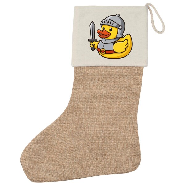 Weihnachtsstrumpf Quietscheente Ritter Gummiente Mittelalter Beige Jute