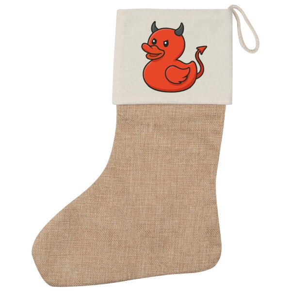 Weihnachtsstrumpf Quietscheente Teufel Gummiente Luzifer Beige Jute