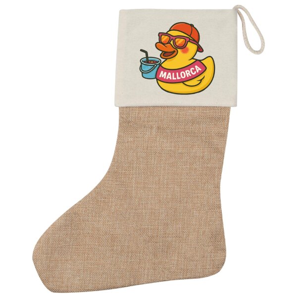 Weihnachtsstrumpf Quietscheente Malle Gummiente Mallorca Beige Jute
