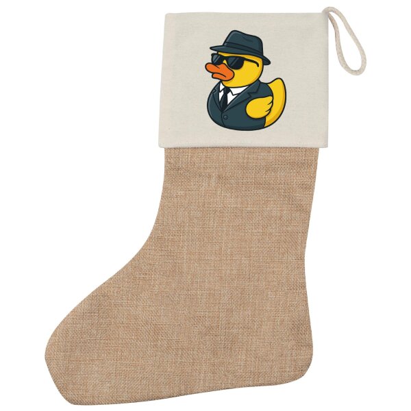 Weihnachtsstrumpf Quietscheente Agent Gummiente Spion Beige Jute
