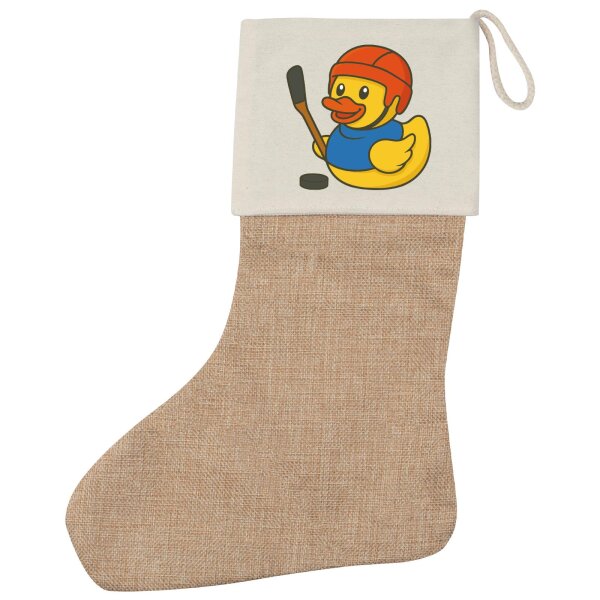 Weihnachtsstrumpf Quietscheente Eishockey Gummiente Hockey Beige Jute