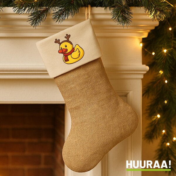 Weihnachtsstrumpf Quietscheente Rudolf Gummiente Rentier Beige Jute