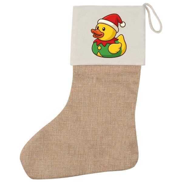 Weihnachtsstrumpf Quietscheente Wichtel Gummiente Elfe Beige Jute