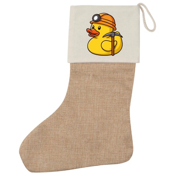 Weihnachtsstrumpf Quietscheente Bergbau Gummiente Glück auf Beige Jute