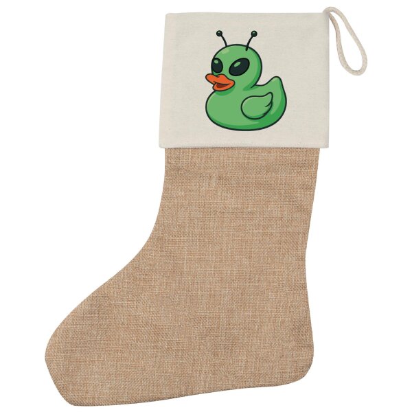 Weihnachtsstrumpf Quietscheente Alien Gummiente Ufo Beige Jute