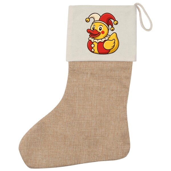 Weihnachtsstrumpf Quietscheente Joker Gummiente Hofnarr Beige Jute