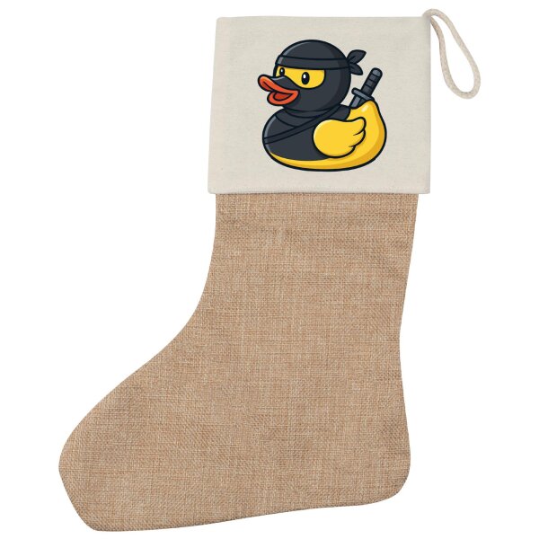 Weihnachtsstrumpf Quietscheente Ninja Gummiente Krieger Beige Jute