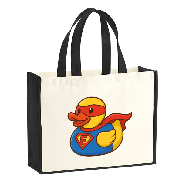 Jutetasche Quietscheente Superheld Gummiente Hero 21 Liter Black