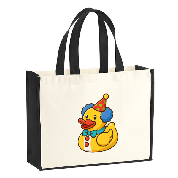 Jutetasche Quietscheente Clown Gummiente Zirkus 21 Liter Black