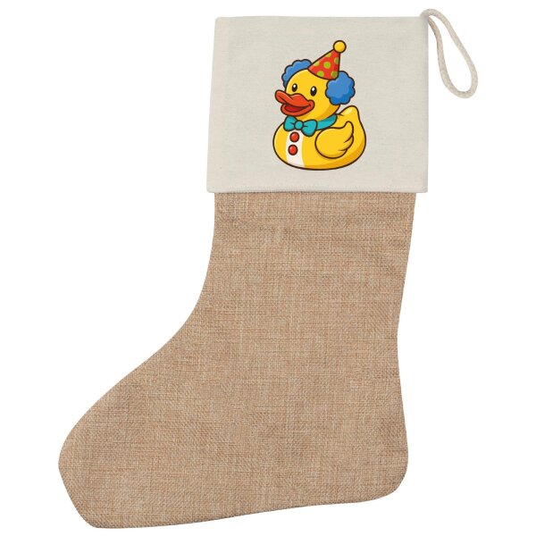 Weihnachtsstrumpf Quietscheente Clown Gummiente Zirkus Beige Jute