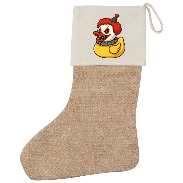 Weihnachtsstrumpf Quietscheente Horrorclown Gummiente Gruselclown Beige Jute