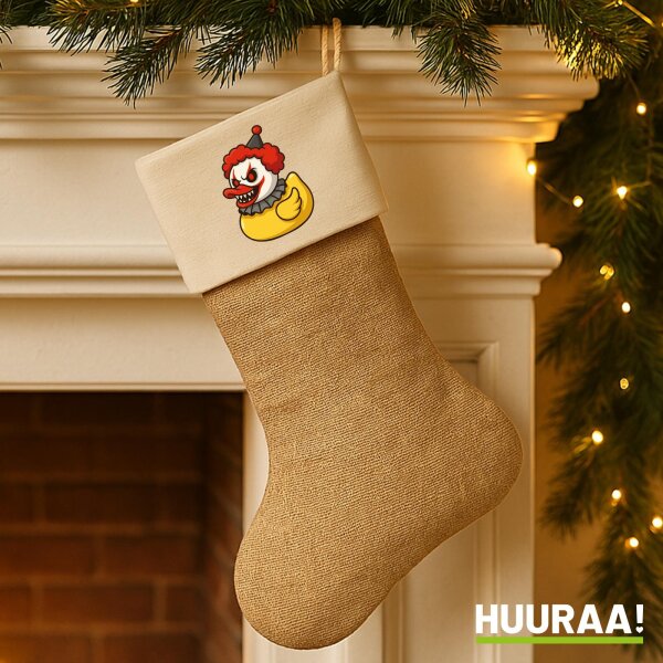 Weihnachtsstrumpf Quietscheente Horrorclown Gummiente Gruselclown Beige Jute