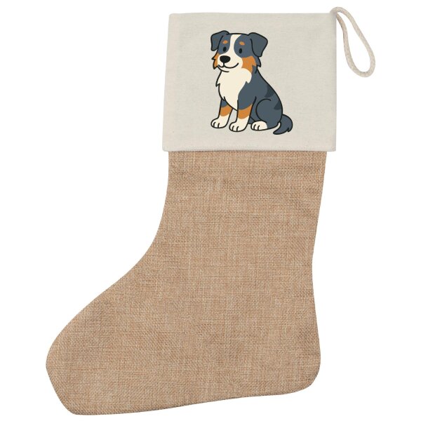 Weihnachtsstrumpf Australian Shepherd Aussie Comic Beige Jute