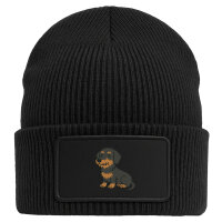 Beanie mit Patch Rauhaar Dackel Sausage Dog Comic Black