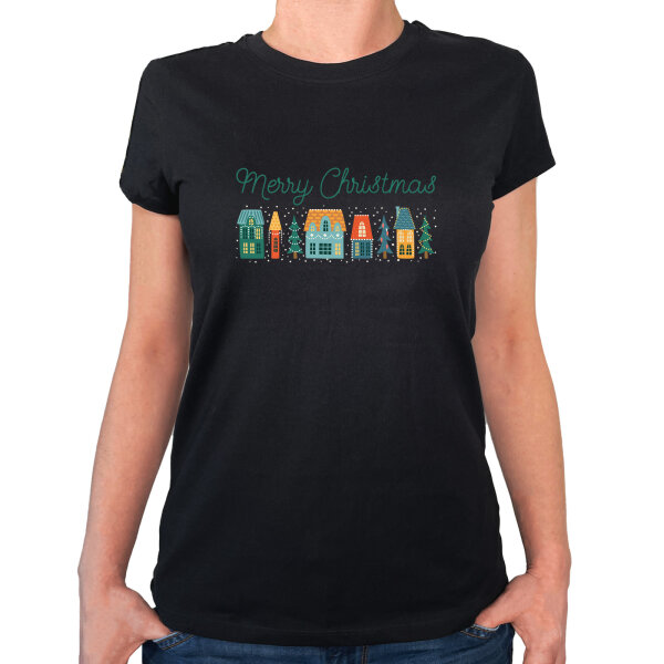 Damen T-Shirt Merry Christmas Weihnachtsdorf