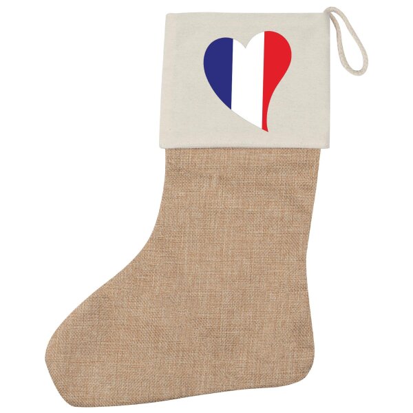 Weihnachtsstrumpf Frankreich Flagge Herz Beige Jute